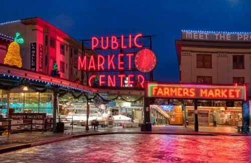 Pike Place Market in Seattle Washington at night